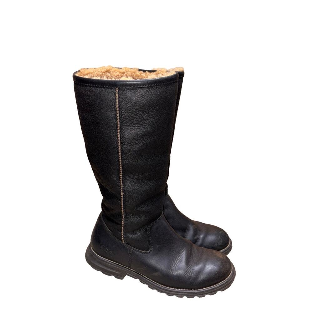 UGG Australia Brooks Black Leather Shearling Lined Boots Size: US 9